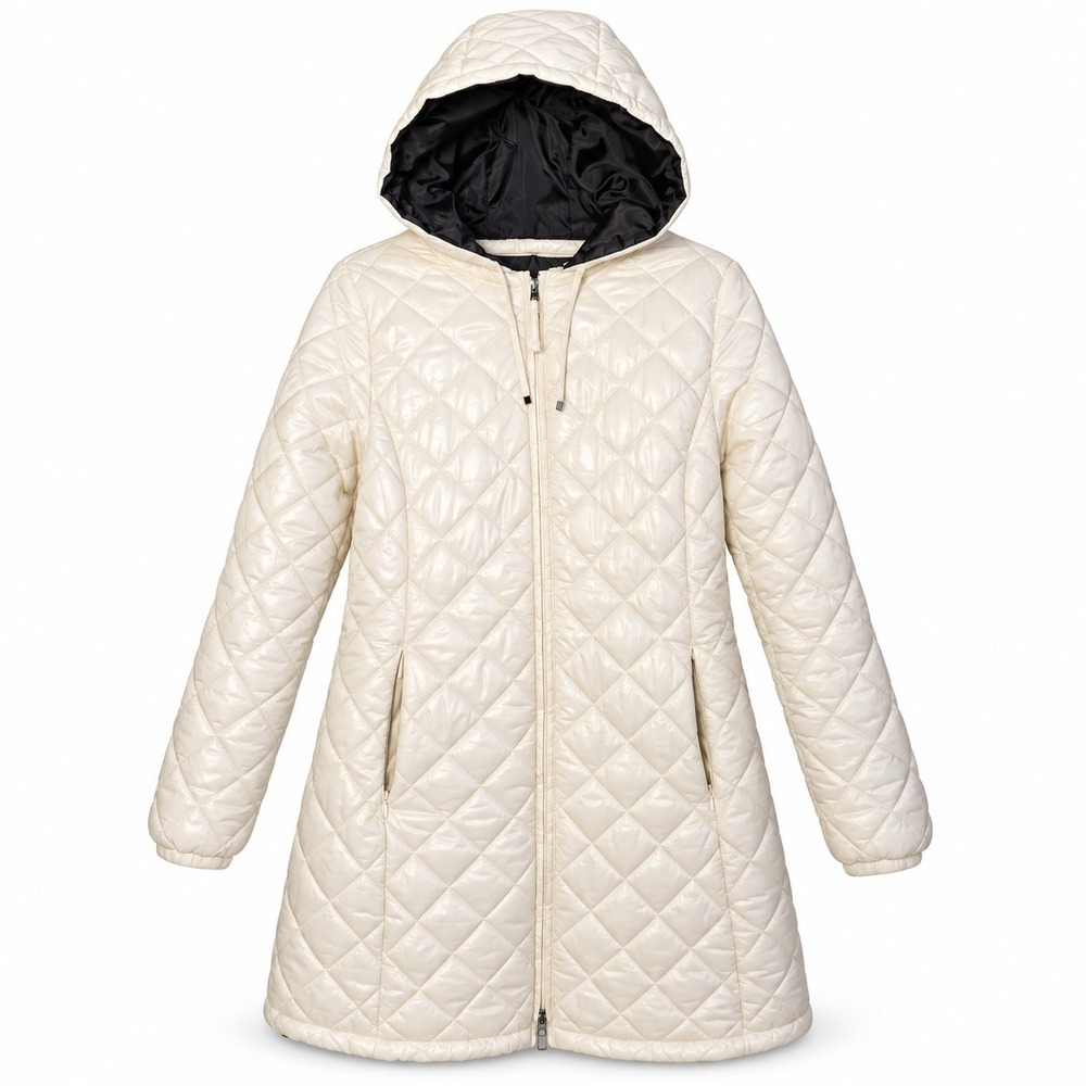 Talbots Quilted Puffer Coat Womens Size M Ivory Excellent Hooded Parka Zip Up